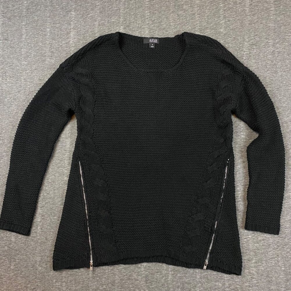 A.N.A Black Knit Sweater Side Zippers Cable Detail Long Sleeve Size Medium